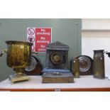 An Edwardian marble mantle, two oak mantle clocks, a brass samovar, two shell cases, a brass
