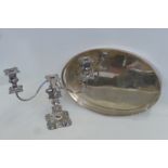 A silver plated on copper oval tray with a pierced gallery and a Barker Ellis silver plated three