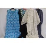 A lady's 1960s full length zip up dress with paisley style pattern, two lady's kimono style gowns
