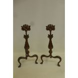 A pair of Arts & Crafts hammered bronze fire dogs of stylised tulip design.