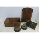 An assortment of collectables to include two GWR gauges, a tin box, brushes etc.