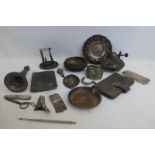 A tray of silver and white metal items including an oval embossed plaque awarded to Ella Baldwin