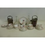 Two Victorian watering cans, a floral part tea service and glass decanters etc.