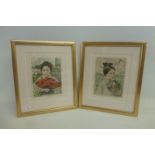 A pair of framed and glazed Oriental studies of young ladies fanning themselves, on silk.