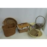 An assortment of wicker baskets etc including a lady's bicycle basket.