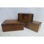 Three assorted wooden lidded boxes, one with parquetry inlay and a fitted interior, and an