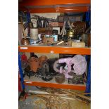 Two shelves worth of assorted ironmongery and kitchenalia etc.