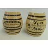 Two unusual pottery barrel shaped pots, one bearing the name Helen D. Spence and the other Mary