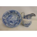 A 19th Century blue and white transfer printed pottery jug and bowl set.