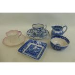 An assortment of 19th Century blue and white transfer and hand painted ceramics, also a Beleek cup