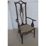 A Morgan & Co. Cardiff mahogany Liberty style elbow chair with pierced back and arm supports, with