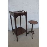 An inlaid mahogany tripod wine table and an Edwardian twin handled mahogany lamp stand with