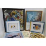A selection of 12 framed and glazed prints together with three tin signs.