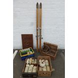 A pair of skis marked 'Kandahar Superlamin', a quantity of stoneware hot water bottles, a