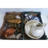 Two boxes of assorted ceramics and metalware including a late Victorian stylised jug and bowl set,