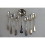 Six silver teaspoons, 19th Century, various manufacturers; also a small Georgian silver ladle,