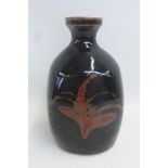 A square squat bottle vase by David Leach, impressed DL monogram and one other, partial label to