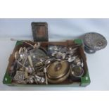 A box of assorted silver plated tableware including flatware.