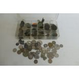 A box of coins to include some silver and some metal detector finds.