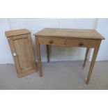 A Victorian pine two drawer side table, a pine bedside cabinet and a pine towel rail.