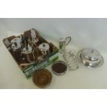 A box of assorted silver plated tableware including coffee pots, teapots, a six slice toast rack,