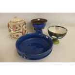 A C. H. Branham of Barnstable blue glazed pottery bowl, a Honiton Devon ceramic biscuit jar, a TW