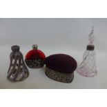 A silver heart shaped, velvet topped pin cushion, a silver mounted scent bottle and two further