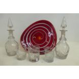 A pair of 19th Century glass decanters, two good quality 19th Century engraved tumblers and a red