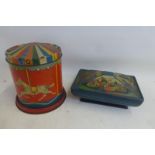 A Rowntree's of York sarcophagus shaped tin unusually in a bright colourful condition and a James