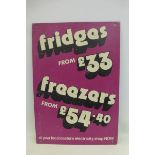 An unusual 1970s/early 1980s hardboard advertisement advertising fridges from £33 and freezers