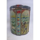 A Huntley & Palmers biscuit tin with various scenes to the sides, all nautical related including a