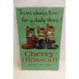 A Cherry Blossom Shoe Polish pictorial tin advertising sign depicting three kittens sat in boots, 17