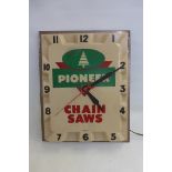 An unusual Pioneer Chainsaws advertising wall clock of Art Deco design, made by Associated