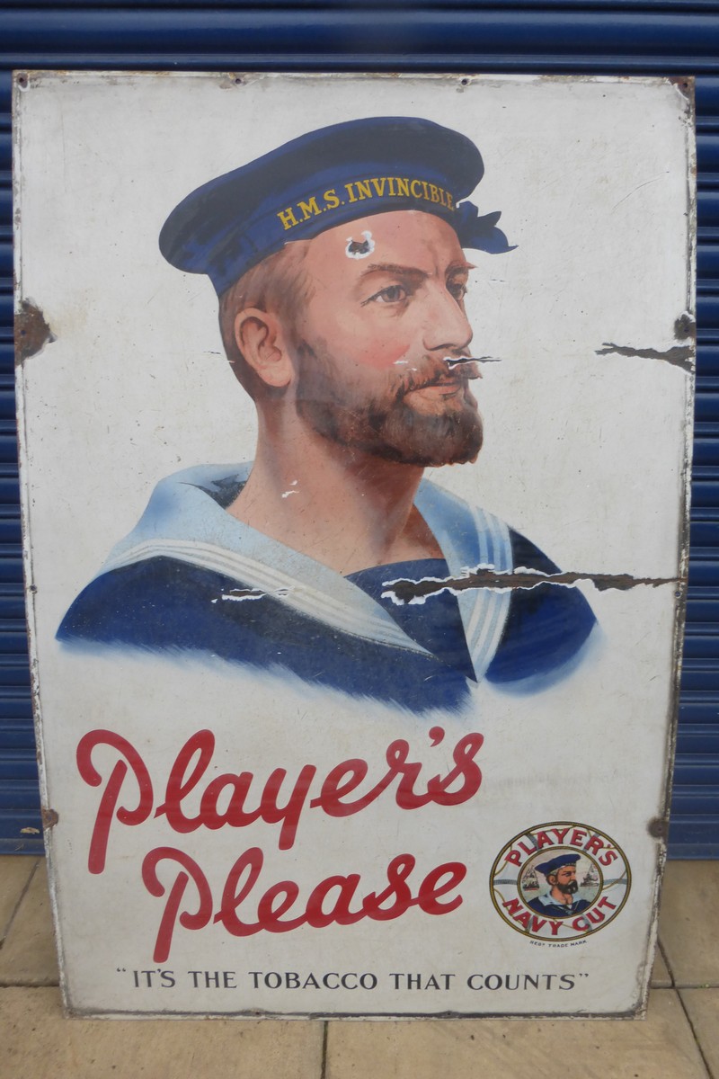 A large Player's Please 'It's the tobacco that counts' pictorial enamel sign depicting the sailor in