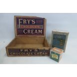 A Fry's Chocolate Cream wooden dispensing box, a Caley's Easter Egg box and a square Peek Frean