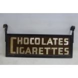 A rare rectangular glass double sided advertising sign for Chocolates and Cigarettes, in a metal