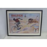 A framed and glazed Raleigh - The All-Steel Bicycle pictorial advertisement depicting a native