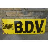 A B.D.V. Tobacco rectangular enamel sign by Patent Enamel, 50 x 18".