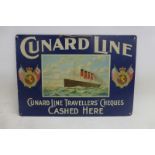 A Cunard Line pictorial tin advertising sign - Cunard Line Traveller's Cheques Cashed Here, 9 1/2