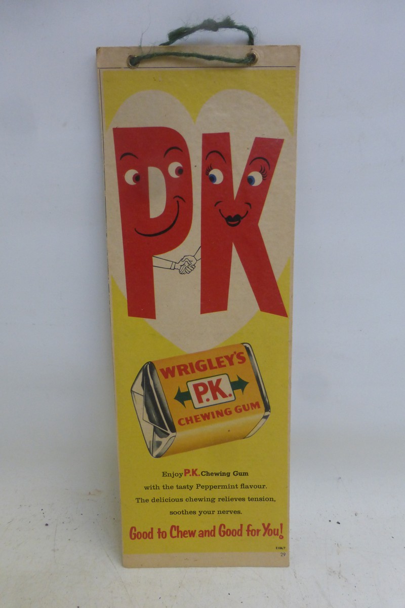 A Wriggleys P.K. Chewing Gum pictorial hanging showcard, 4 3/4 x 13 1/2".