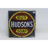 A Hudsons Soap enamel sign, square form with some restoration to the centre, by Chromo, 10 1/2 x