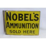 A Nobel's Ammunition Sold Here double sided enamel sign with hanging flange by the Falkirk Iron