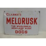 A Clarke's Melorusk - The Wholemeal Meatless Rusk for Dogs rectangular enamel sign, 26 x 18".