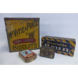 A McVitie and Price oval Marie Biscuits tin, a Brun Biscuits tin and two others.