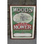 A framed and glazed Wood's Open Gear Mower pictorial advertisement printed by Hickson, Ward & Co.,