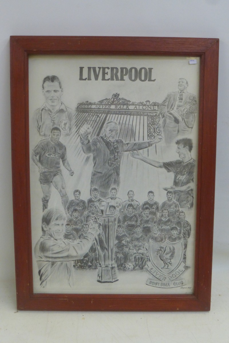 A framed and glazed Legend Art print relating to Liverpool Football Club, 20 1/4 x 27 1/2".