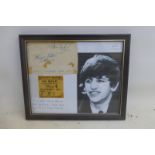 A framed and glazed autograph for Ringo Star from the Beatles, complete with a ticket from their