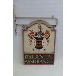 A Prudential Assurance double sided enamel sign in swinging metal frame, 27 x 39 1/4" overall.