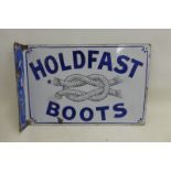 A Holdfast Boots double sided enamel sign with hanging flange, different coloured to each side, with