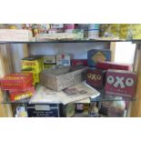 A collection of assorted tins and packaging relating to Oxo, Bovril and Coleman's Mustard etc.